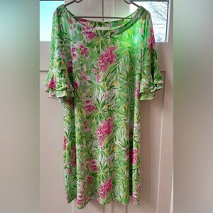 Pappagallo XL Erika dress floral parrot green pink multi ruffle short sleeves